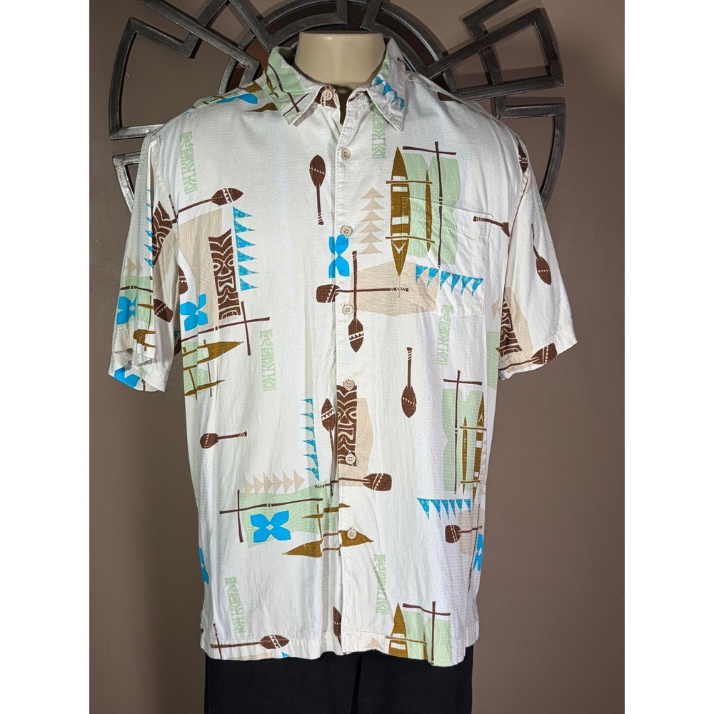 Quiksilver Waterman Mens XL Tiki Canoe Tribal Print Button Shirt Cream